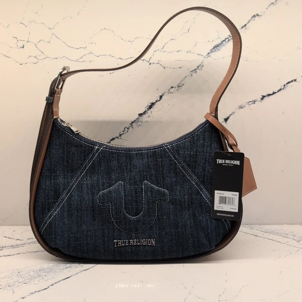 TRUE‎ RELIGION Blue Denim Crescent Shoulder Handbag Purse NWT